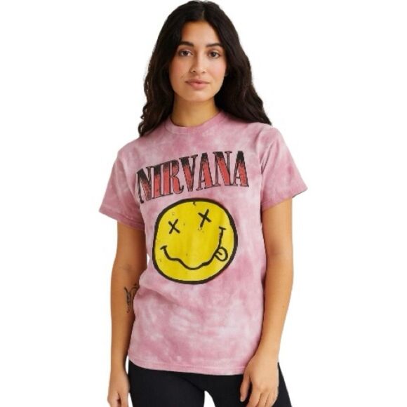 Nirvana Pink Tie Dye Smiley Face Graphic T-Shirt Unisex Size S - Picture 1 of 7